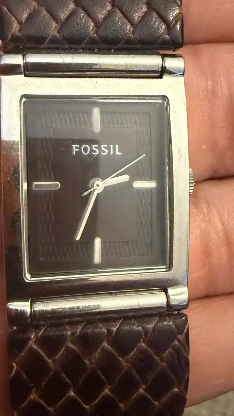 Vintage Fossil Stainless Steel Watch with Faux Snake Skin Leather Band